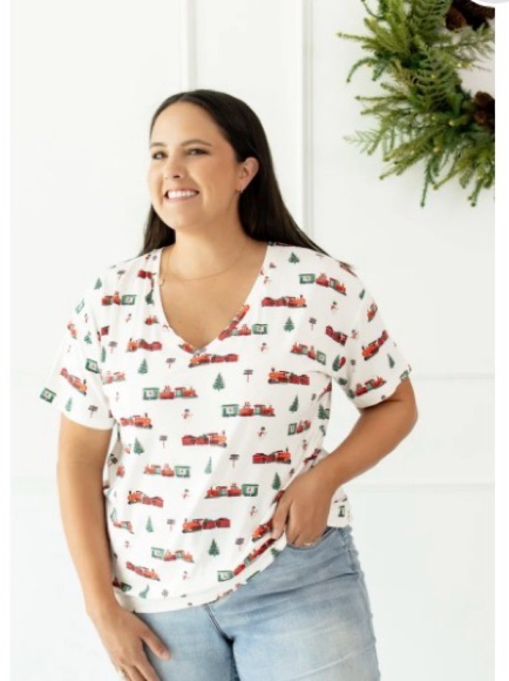 Kyte BABY White Short-Sleeve V-Neck Tee in Holiday Train